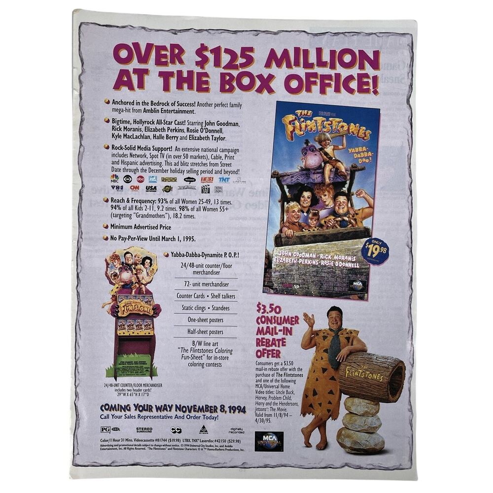 Vintage Live Action Flintstones Movie Retailer VHS Promo Ad Advertisement Rare